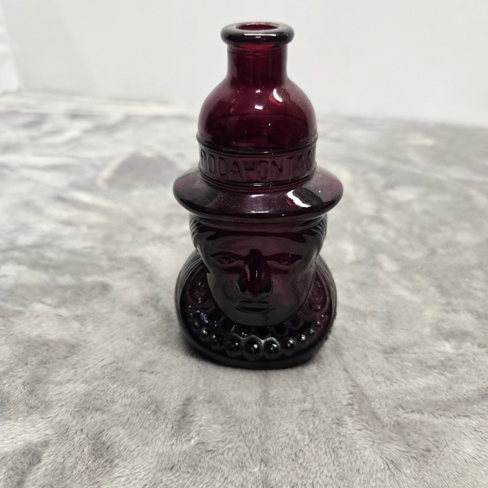 Vintage Wheaton NJ Amethyst Glass Pocahontas Figural Miniature Bottle Purple